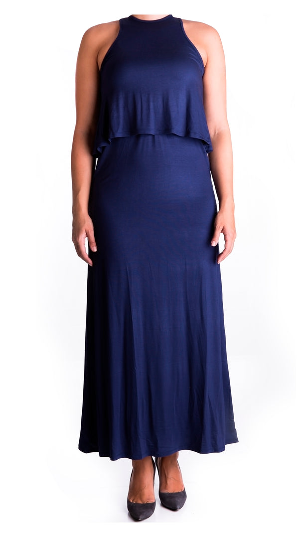 double layer maxi maternity & nursing dress - navy blue